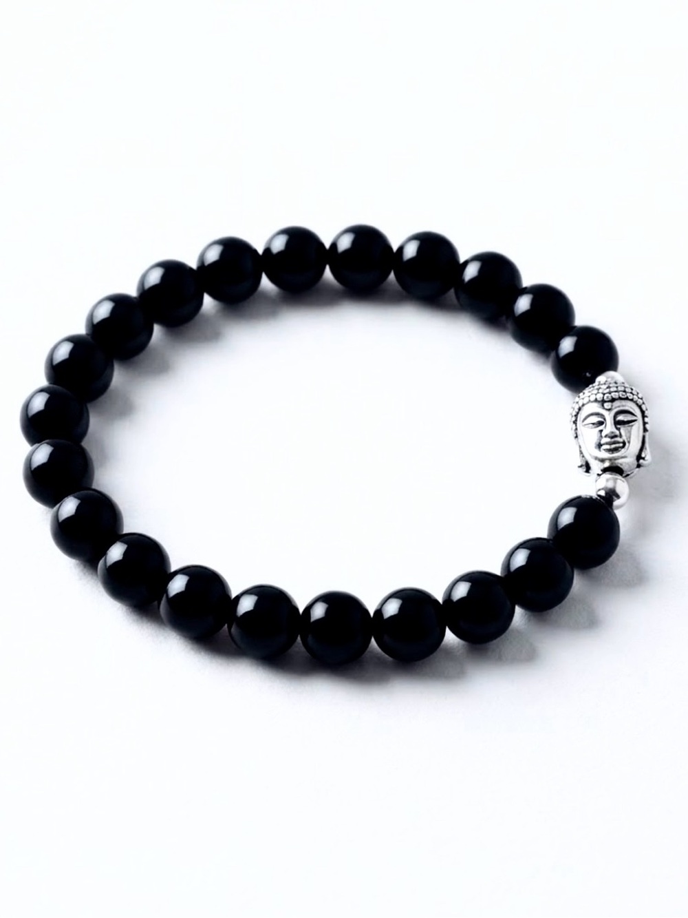Black agate  Beaded Bracelet with Silver Buddha Accent